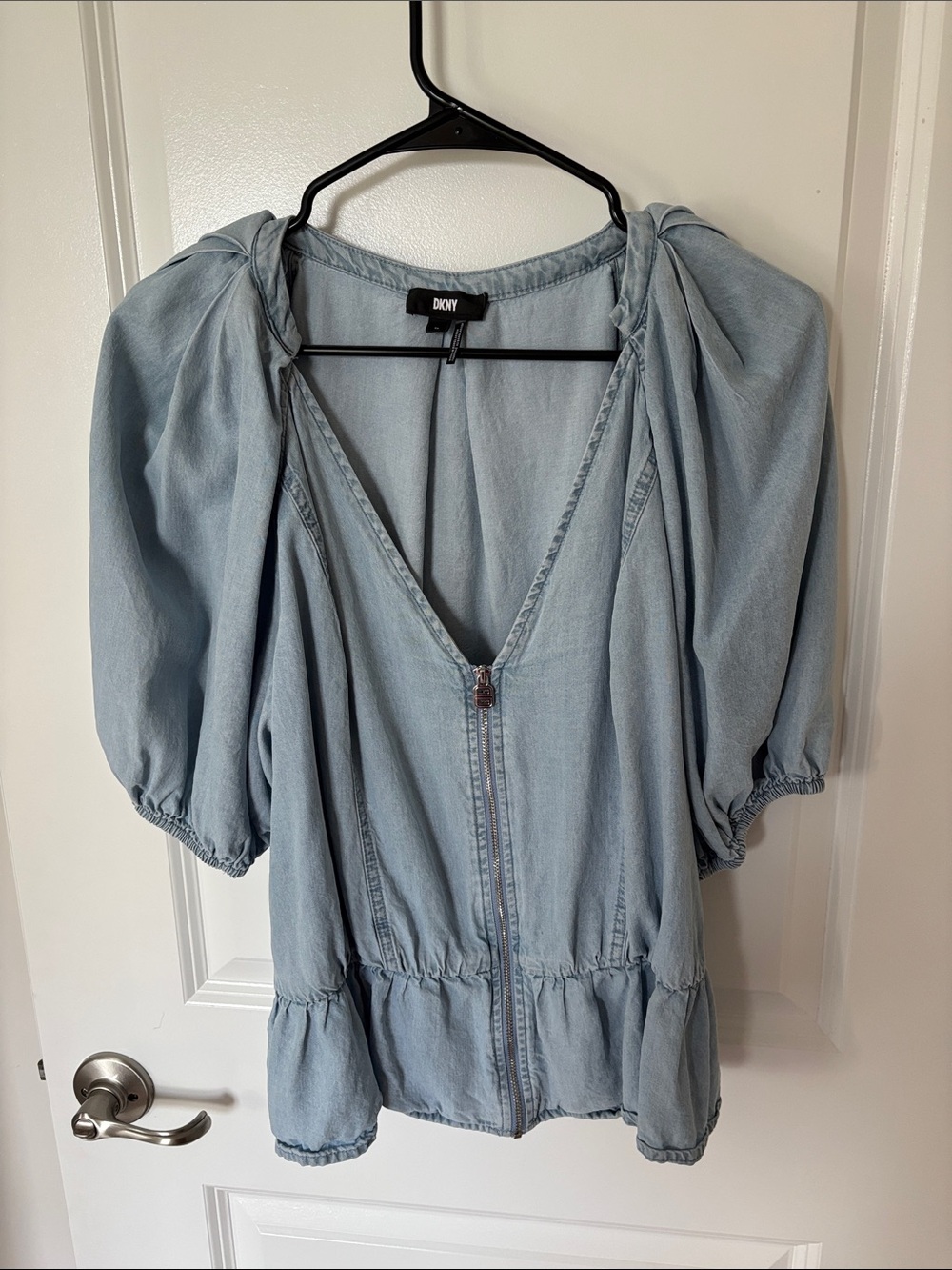 DKNY Light Blue Denim Zip-Front Peplum Blouse